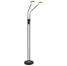 Zweiflammige LED-Stehleuchte mit flexiblen Armen, schwarzer Oberfläche und rundem Standfuß.