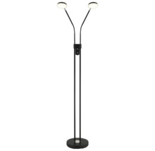 Schwarze Stehleuchte mit zwei verstellbaren LED-Leuchtköpfen und rundem Standfuß aus Metall.