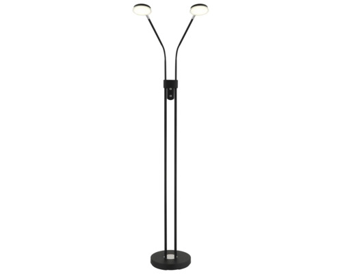 Schwarze Stehleuchte mit zwei verstellbaren LED-Leuchtköpfen und rundem Standfuß aus Metall.