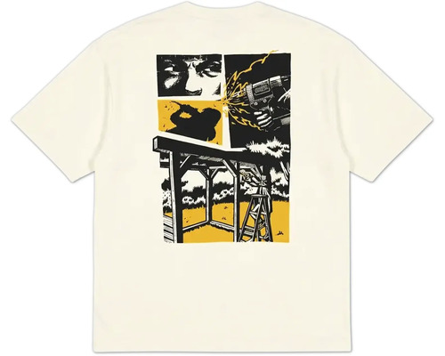 Weißes T-Shirt mit Grafikprint auf dem Rücken, der Szenen beim Bau einer Holzkonstruktion mit einer Bohrmaschine zeigt.