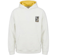 Weißer Kapuzenpullover mit gelbem Kapuzenfutter, kleiner Grafik auf der Brust und Kängurutasche.