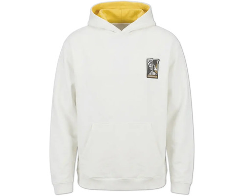 Weißer Kapuzenpullover mit gelbem Innenfutter in der Kapuze, Kängurutasche und kleinem Logo auf der Brust.