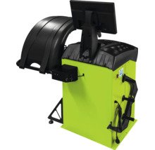 Radwuchtmaschine in Hellgrün und Schwarz mit Schutzhaube und digitalem Monitor für die Reifenmontage.