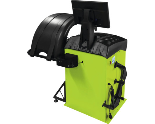 Radwuchtmaschine in Hellgrün und Schwarz mit Schutzhaube und digitalem Monitor für die Reifenmontage.