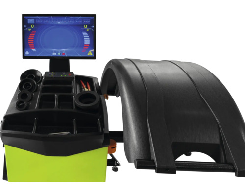 Radwuchtmaschine mit digitalem Monitor, Ablagefächern und Schutzhaube für den Reifen- und Werkstattservice.