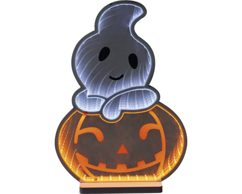 LED-Halloween-Dekoration in Form eines Geistes auf einem Kürbis mit Unendlichkeitsspiegel-Effekt.
