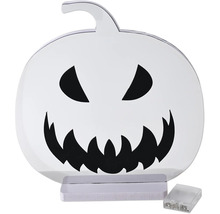 LED Halloween Kürbis Dekoration aus Kunststoff mit schwarzem Gesicht, weißem Standfuß und Batteriefach.