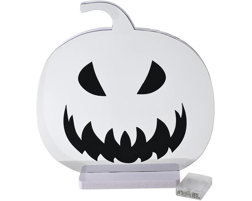 LED Halloween Kürbis Dekoration aus Kunststoff mit schwarzem Gesicht, weißem Standfuß und Batteriefach.