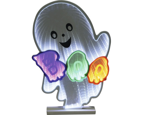 Halloween-LED-Dekoration in Form eines Gespenstes mit Unendlichkeitseffekt und dem Schriftzug BOO.