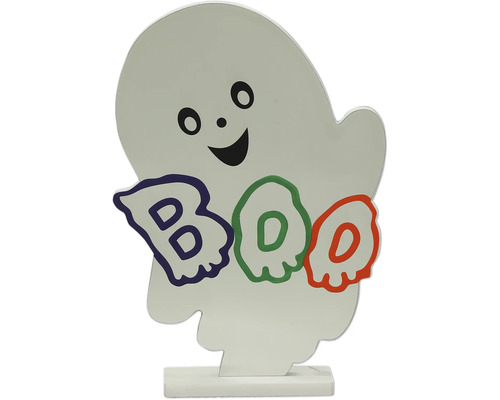 Halloween-Dekofigur in Form eines lächelnden Geistes mit dem Schriftzug BOO auf einem Standfuß.