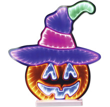 Orangefarbene LED-Halloween-Dekoration Kürbis mit buntem Hexenhut und Unendlichkeitseffekt.