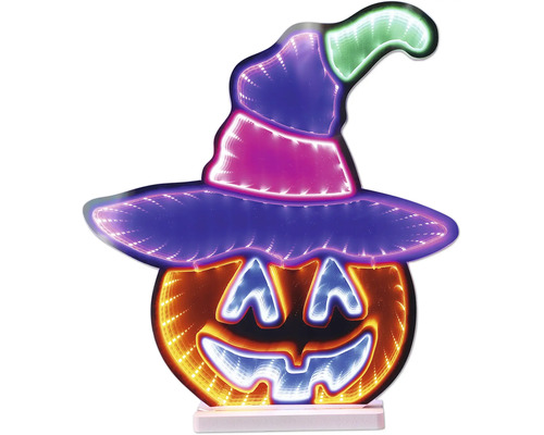 Orangefarbene LED-Halloween-Dekoration Kürbis mit buntem Hexenhut und Unendlichkeitseffekt.