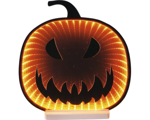 Halloween-Kürbis Dekoration mit LED-Infinity-Mirror-Effekt, Jack-O-Lantern-Gesicht und leuchtenden Lichtern.