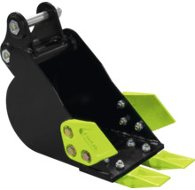 Tieflöffel für Minibagger aus schwarzem Metall mit neongrünen Zähnen.