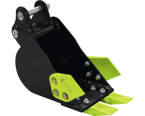 Tieflöffel für Minibagger aus schwarzem Metall mit neongrünen Zähnen.