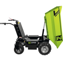 Zipper Elektro-Dumper mit vier Rädern und aufgestellter grüner Kippmulde.