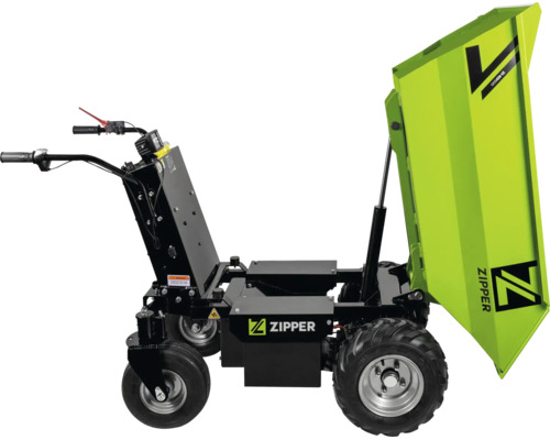 Zipper Elektro-Dumper mit vier Rädern und aufgestellter grüner Kippmulde.