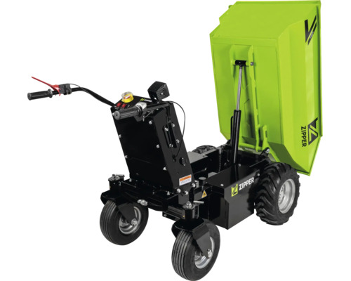 Zipper Motordumper mit vier Rädern und einer hochgefahrenen grünen hydraulischen Kippmulde.