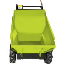 Motorisierter Minidumper mit großer Metallmulde und Stollenbereifung für unwegsames Gelände.