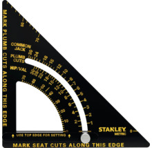 Metrischer Stanley Sparrenwinkel aus Aluminium mit Skalen für Dachsparren und Gehrungsschnitte. Stanley Logo.