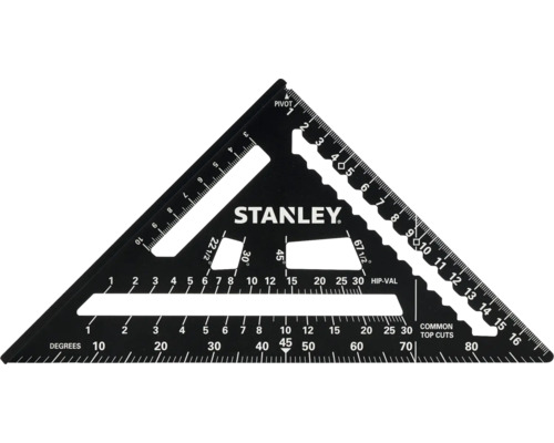 Stanley Anschlagwinkel aus Metall in Schwarz mit Skalen für Grad und Maße.