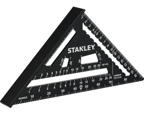 Stanley Zimmermannswinkel aus Aluminium mit Skalen für Gradangaben und Dachsparrenmessungen.
