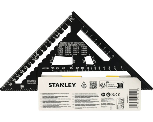 Stanley Quick Square Premium, Zimmermannswinkel aus Aluminium mit metrischer Skala, Gradangaben und Stanley Logo.