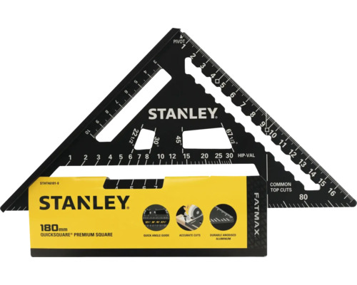 Stanley Quicksquare Premium Anschlagwinkel aus eloxiertem Aluminium, 180 Millimeter, mit Skalen für Winkel und Schnitte.