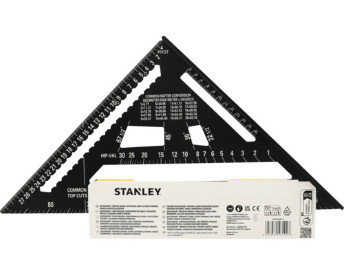 Stanley QuickSquare Sparrenwinkel aus Aluminium mit Gradskalen und Umrechnungstabellen für Dachsparren.