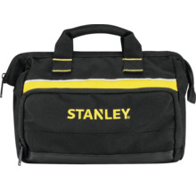 Schwarze Stanley Werkzeugtasche aus Stoff mit gelbem Akzent, Tragegriff und Reißverschlussfächern.