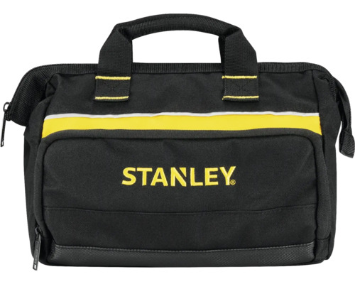 Schwarze Stanley Werkzeugtasche aus Stoff mit gelbem Akzent, Tragegriff und Reißverschlussfächern.
