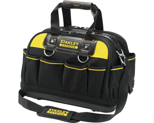 Stanley FatMax Werkzeugtasche aus schwarzem und gelbem Gewebe mit mehreren Außentaschen, Tragegriff und Schultergurt.