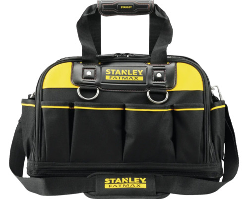 Stanley FatMax Werkzeugtasche in Schwarz und Gelb aus robustem Gewebe mit mehreren Außentaschen, Tragegriffen und einem Schultergurt.