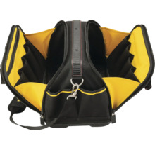 Offene Werkzeugtasche in Schwarz und Gelb aus robustem Textil mit vielen Innenfächern, Reißverschluss und Schultergurt.