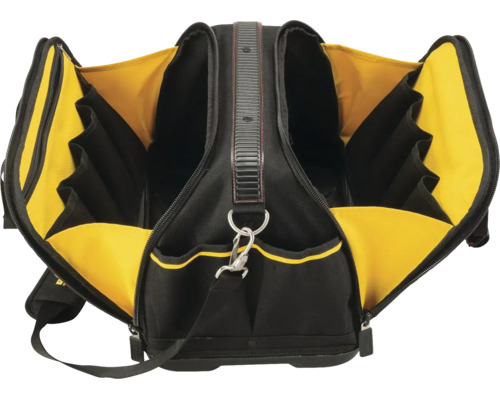 Offene Werkzeugtasche in Schwarz und Gelb aus robustem Textil mit vielen Innenfächern, Reißverschluss und Schultergurt.