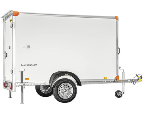 Humbaur Einachs-Kofferanhänger mit weißem Aufbau, Heckstützen und Stützrad für den sicheren Transport.