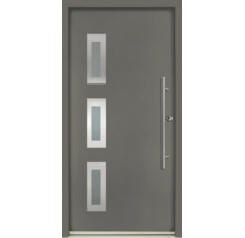 Moderne Haustür in Grau mit drei rechteckigen Lichtausschnitten und langem Stangengriff aus Edelstahl.