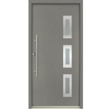 Moderne Haustür in Grau mit drei rechteckigen Lichtausschnitten und einem langen Stangengriff aus Edelstahl.