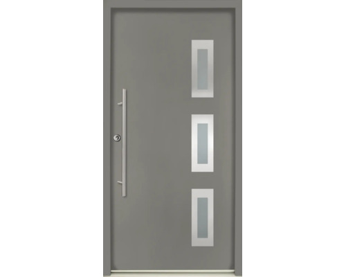 Moderne Haustür in Grau mit drei rechteckigen Lichtausschnitten und einem langen Stangengriff aus Edelstahl.