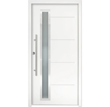 Haustür mit vertikalem Glasausschnitt, Edelstahl-Stoßgriff und horizontalen Zierfräsungen.