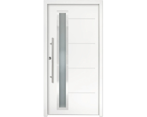 Haustür mit vertikalem Glasausschnitt, Edelstahl-Stoßgriff und horizontalen Zierfräsungen.