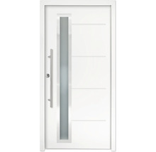 Weiße Hauseingangstür aus Aluminium mit vertikalem Glasausschnitt und Stangengriff.