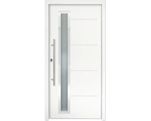 Weiße Hauseingangstür aus Aluminium mit vertikalem Glasausschnitt und Stangengriff.