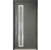 Moderne anthrazitfarbene Aluminium-Haustür mit vertikalem Glaseinsatz, Edelstahl-Stangengriff und horizontalen Fräsungen.