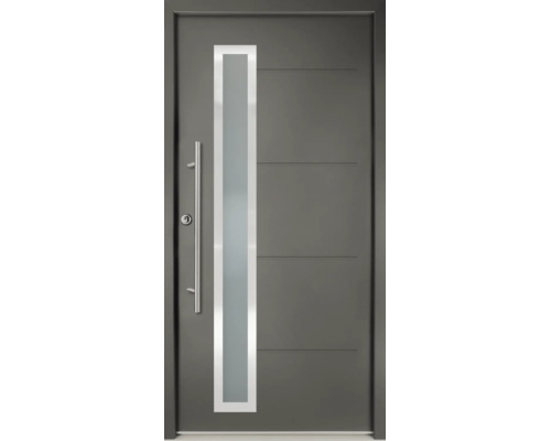 Moderne anthrazitfarbene Aluminium-Haustür mit vertikalem Glaseinsatz, Edelstahl-Stangengriff und horizontalen Fräsungen.