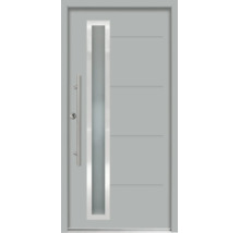 Moderne Haustür in Grau mit vertikalem Glaseinsatz, Edelstahl-Stangengriff und horizontalen Ziernuten.