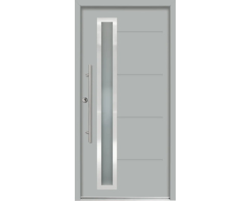 Moderne Haustür in Grau mit vertikalem Glaseinsatz, Edelstahl-Stangengriff und horizontalen Ziernuten.