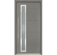 Graue Haustür mit vertikalem Glaseinsatz, langem Edelstahlstangengriff und horizontalen Zierfräsungen.