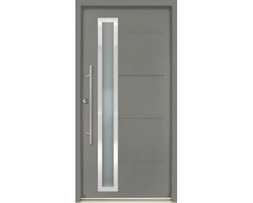 Graue Haustür mit vertikalem Glaseinsatz, langem Edelstahlstangengriff und horizontalen Zierfräsungen.
