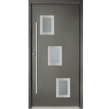 Haustür mit drei rechteckigen Lichtausschnitten und langem Stangengriff.